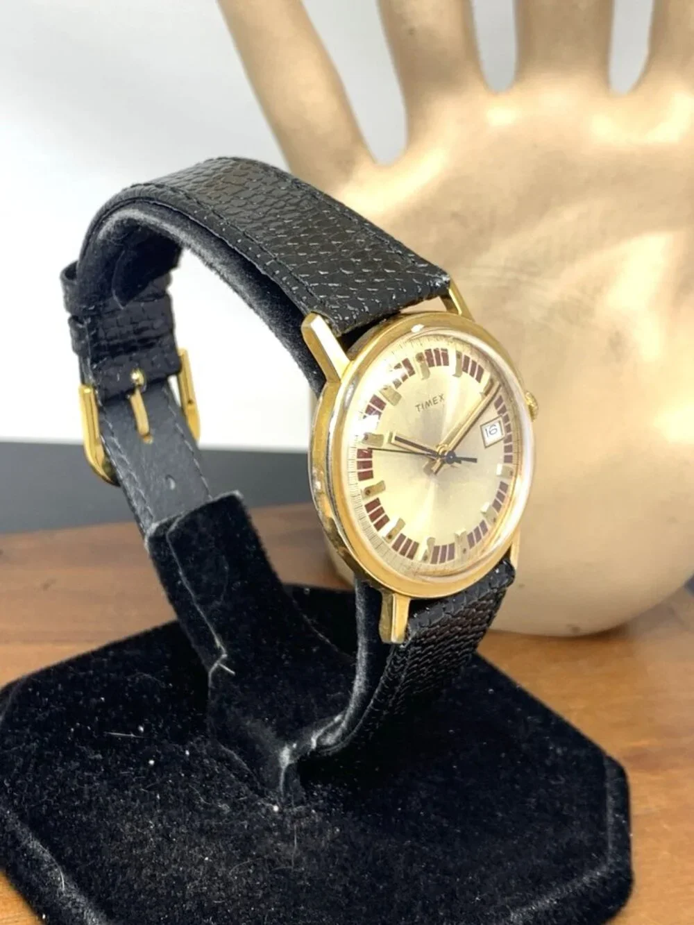 Timex Men's Watch Vintage Manual Wind Gold Dial Black Leather Strap 33mm
